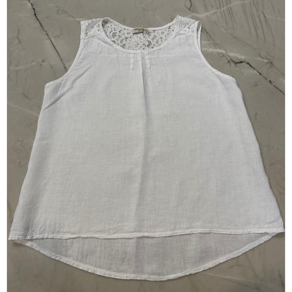 Terzo Millennio White Linen Lace Yoke Tank Top Made in Italy Large